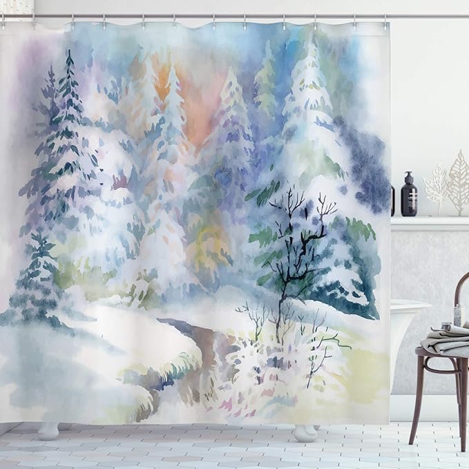 Ambesonne Winter Shower Curtain, Watercolor Painting Interpretation of a Snowy Scene and Blurred Pattern, Cloth Fabric Bathroom Decor Set with Hooks, 69" W x 75" L, Mauve Blue