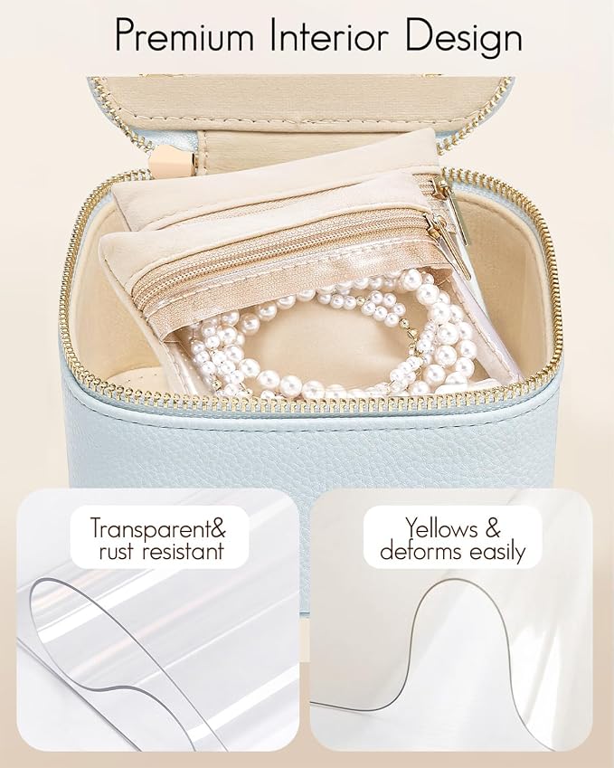 VLANDO Travel Jewelry Case,Travel Jewelry Organize with 6 Velvet Jewelry Zipper Pockets,Premium Petal Hardware Jewelry Case for Birthday Wedding Graduation Gifts-Baby Blue
