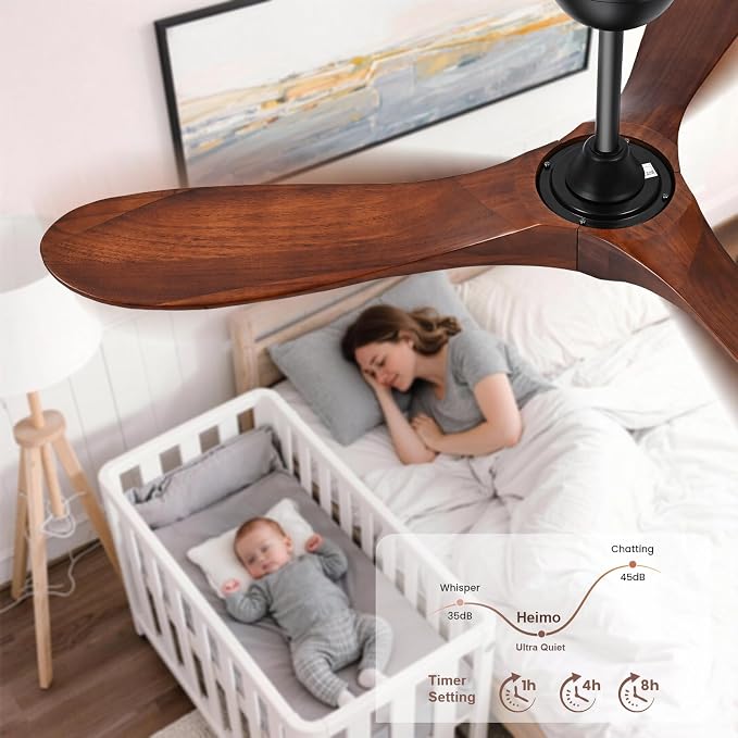 heimo 72 inch Ceiling Fan No Light，Indoor Outdoor 3 Blade Wood Ceiling Fans Without Lights for Patios Living Room Bedroom Extra Large Exterior Big Outside Wooden Fan with Remote(Walnut)