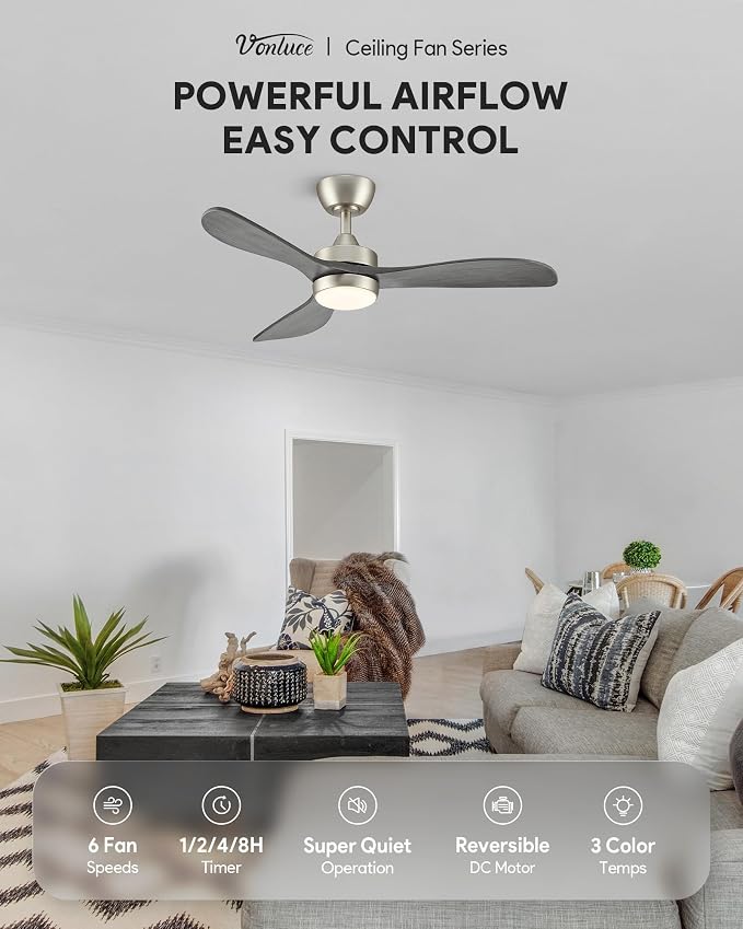 VONLUCE Wood Ceiling Fan with Lights, 42 Inch Ceiling Fan and Remote, 6-Speeds Quiet Reversible DC Motor, 3CCT, 3 Blades Outdoor Ceiling Fan for Patios Farmhouse, Nickel