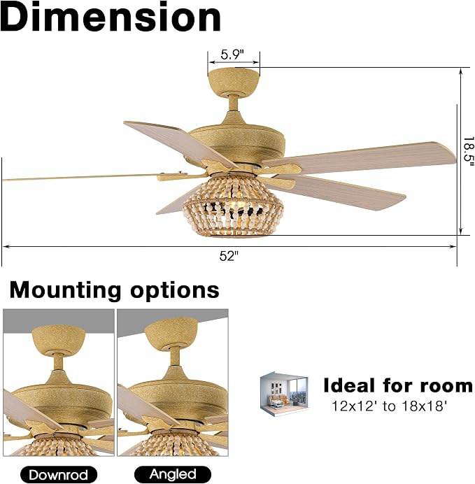 52" Farmhouse Ceiling Fans with Lights - 5 Reversible 2-Tone Blades, 3 Speeds Quiet Operation, Timer Function, Ceiling Fan with Remote for Living Room Bedroom