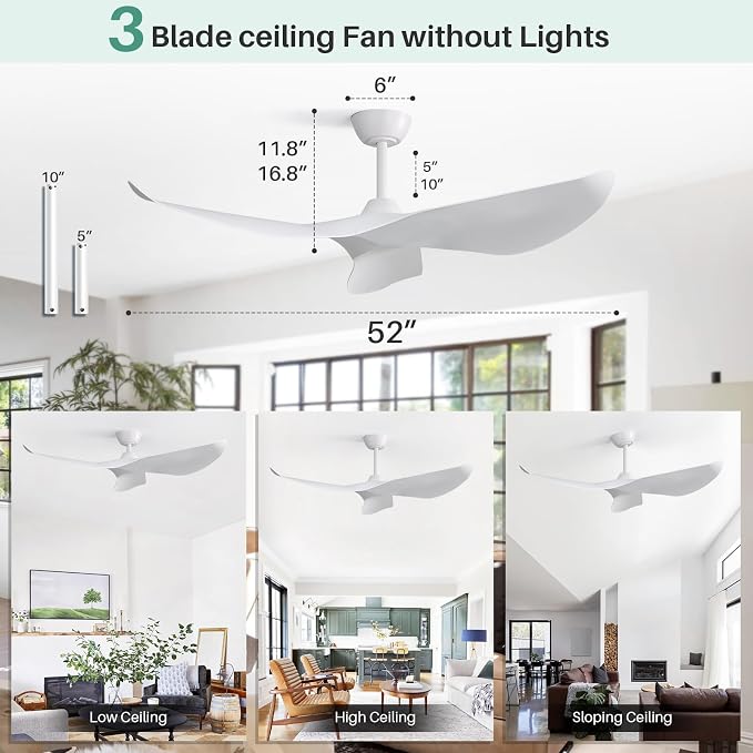 CACI Mall 52" White Ceiling Fan No Light, Modern, Remote Control, Low Profile, 3 Blades Ceiling Fan with Noiseless Reversible Dc Motor for Living room, Bedroom