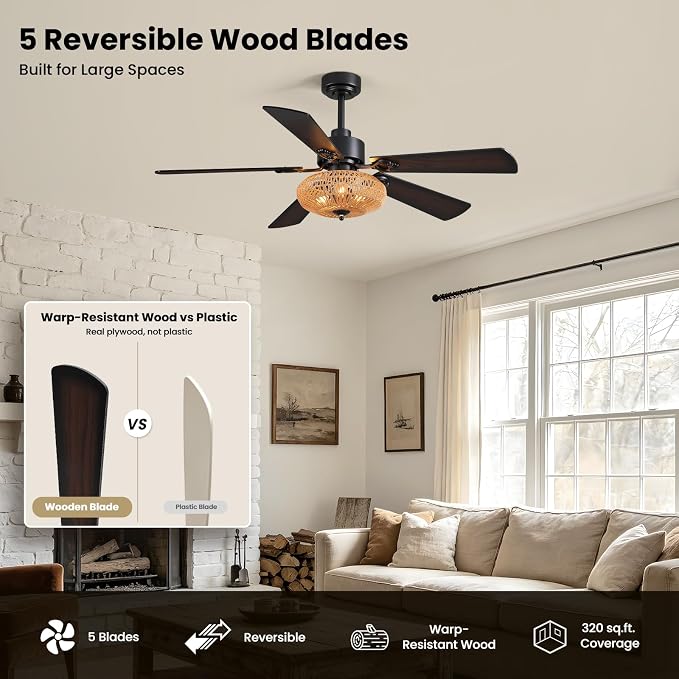 52inch Ceiling fan with Boho Rattan Caged Lampshade, Farmhouse Matte Black Ceiling Fan 5 Blades APP & Remote Control, 6-Speed Remote Dreo Fan Ceiling for Living Room Dining Room Bedroom