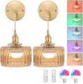 Shenmoyl Battery Operated Wall Sconce with Amber Striped Shade Pattern Glass Adjustable Chain Retro Gold Wall Mounted Light, Modern Wall Decor for Bedside Bedroom Indoor Doorway， Set of 2