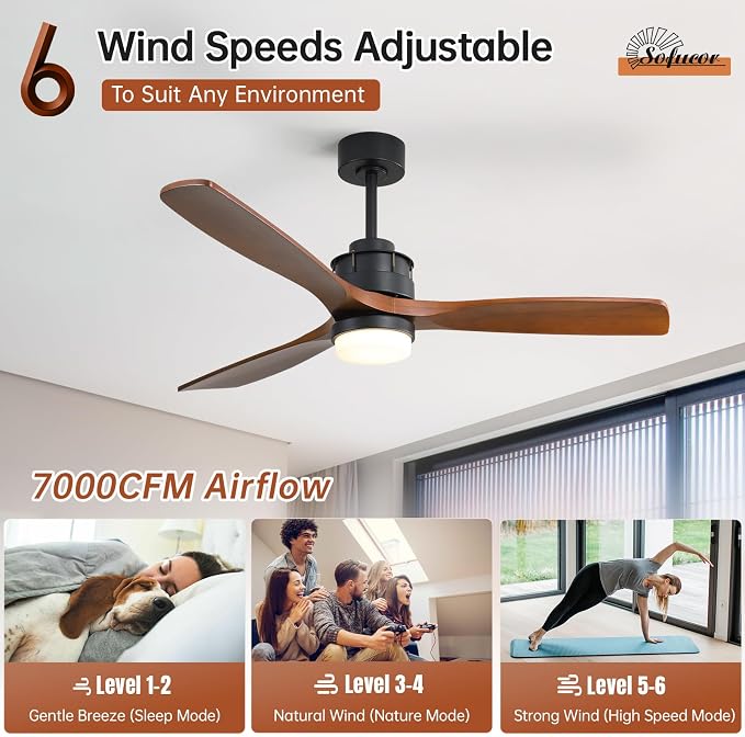 Sofucor 60 Inch Ceiling Fan with Light and Remote - 3 Solid Wood Blades, Quiet DC Motor, 6 Speeds 7000CFM, Dimmable 3-Color LED with Memory, Timer & Reversible for Living Room, ETL, Walnut Wood