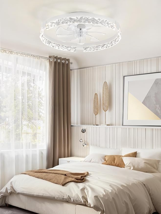 LEDIARY 20 Inch Low Profile Ceiling Fans with Lights and Remote, Fandelier Ceiling Fan Flush Mount, 3000K-6000K Dimmable LED Fan Light, White Modern Ceiling Fans with Lights for Bedroom