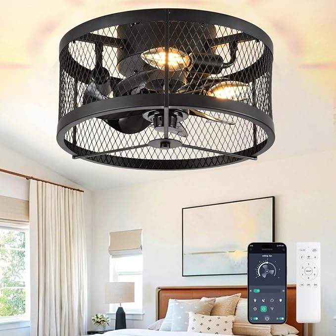 DLLT Caged Ceiling Fans with Light: 13" Small Outdoor Farmhouse Ceiling Fan with Remote App Control - Black Rustic Semi Flush Mount Bladeless Enclosed Fan for Bedroon Kitchen E12 Bulbs Not Included