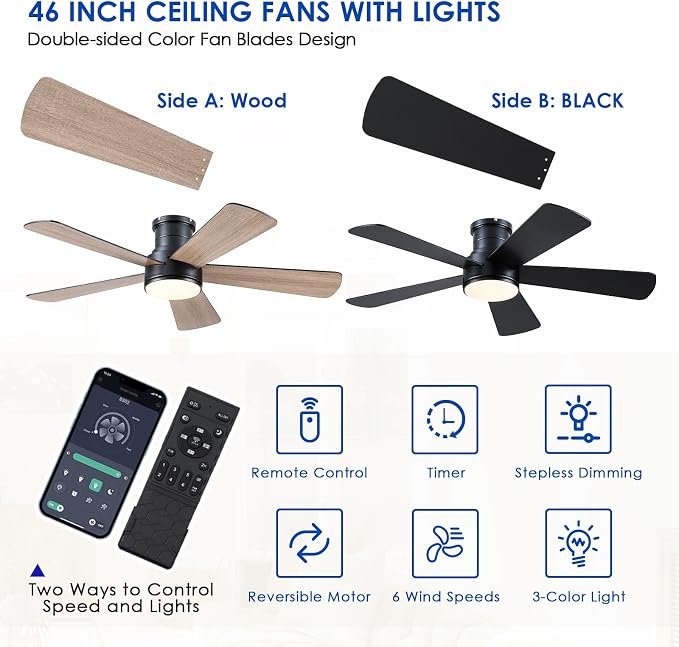 Hounberi 46 Inch Flush Mount Ceiling Fan with Lights and Remote, Modern Quiet DC Motor Low Profile Ceiling Fan for Low Ceilings, 5 Reversible Blades, 6 Speeds Dimmable, Indoor Outdoor Bedroom, Black