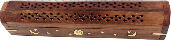 Sheesham Wood Incense Burner - Handmade Coffin Style Sun and Moon Inlay Incense Holder - Aromatherapy Room Freshener Cone Incense Stick Burner Ash Catcher - Zen Home Gift - 12x2x2 - COTTON CRAFT