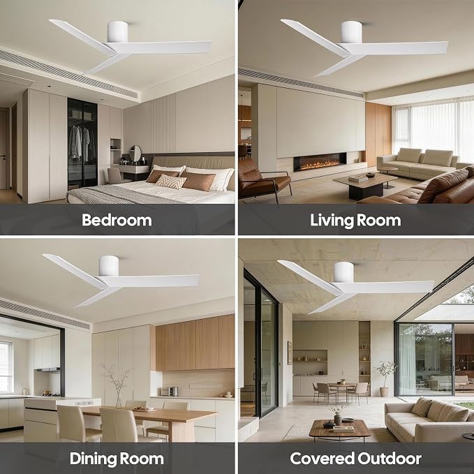 Modern Flush Mount Ceiling Fan No Light, 55" Matte White Low Profile Ceiling Fan Without Light, 3 ABS Blades, 6 Speed, Reversible DC Motor, Cool Hugger Fan for Kitchen, Bedroom, Living Room