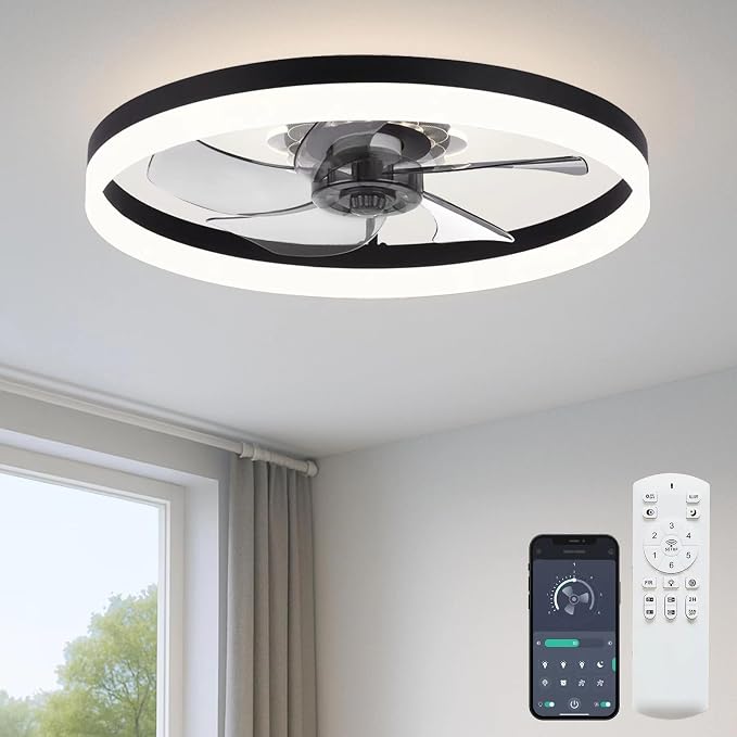 FSZDORJ 20'' Ceiling Fan with Light and Remote, Low Profile Ceiling Fan with Light, Dimmable Flush Mount Ceiling Fan Light, 6 Speeds Fan, App&Remote Control, Fandelier Quiet Fan for Bedroom F115 White
