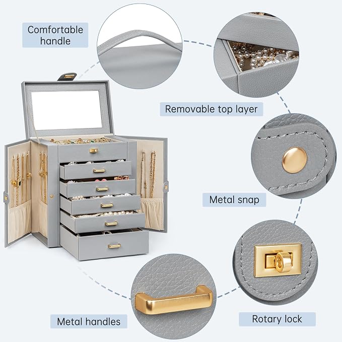 AKOZLIN 6-Tier Jewelry Box Organizer Functional 5 Drawers Leather Jewelry Storage Case for Women Girls Ring Necklace Earring Bracelet Holder Organizer with Mirror Medium Grey
