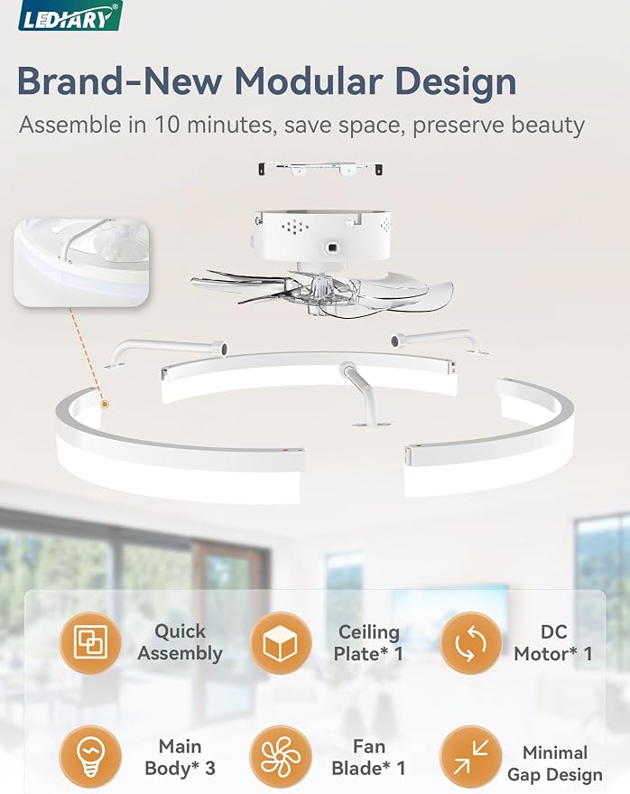 LEDIARY Ceiling Fans with Lights, 23 inch Low Profile Flush Mount Ceiling Fan, Dimmable LED, APP & Remote Control, Quiet Reversible DC Motor, 6 Speeds, Fandelier for Bedroom, White