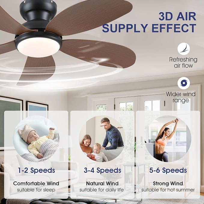 PHORUS 42" Brown Modern Low Profile Ceiling Fans with Lights and Remote | Super Large Airflow with 6 Wind Speeds, Reversible, Dimmable 3 CCT LED, 30W Noiseless DC Motor,Timer, for Bedroom Kitchen