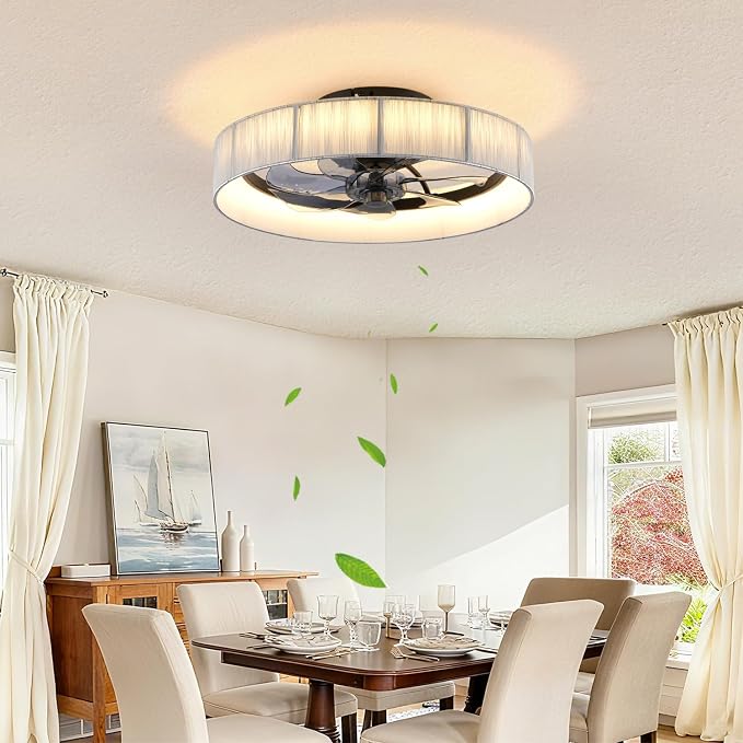 20" Flush Mount Caged Ceiling Fan with Lights, Low Profile Fandelier with Remote/App Control, 6 Speeds Dimmable LED Ceiling Fan, Fabric Farmhouse Style for Bedroom Kitchen Living Room