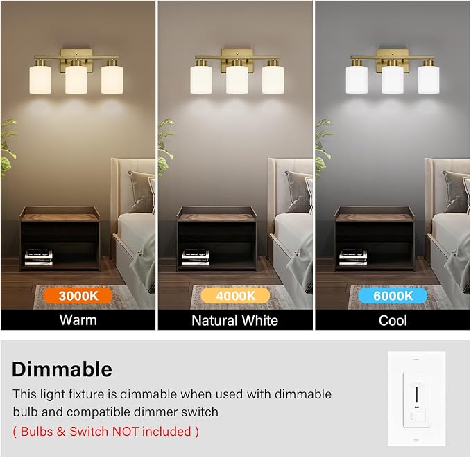 FonmYim Brushed Gold Bathroom Light Fixtures, 3-Light Modern Vanity Light Over Mirror, Wall Sconces with Milky White Frosted Glass Shades, E26 Socket (Bulbs Not Included)