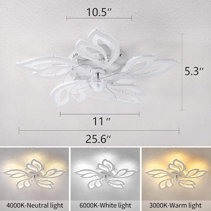 25" White Modern Geometric Ceiling Fan with Lights, 3 Light Color 6 Speeds Flush Mount Low Profile Ceiling Fan for Bedroom Kitchen