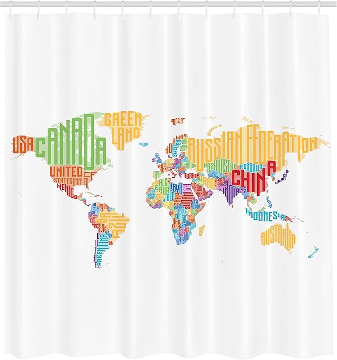 Ambesonne World Map Shower Curtain, Colorful Map with Names of Countries Print, Cloth Fabric Bathroom Decor Set with Hooks, 69" W x 70" L, Red Orange
