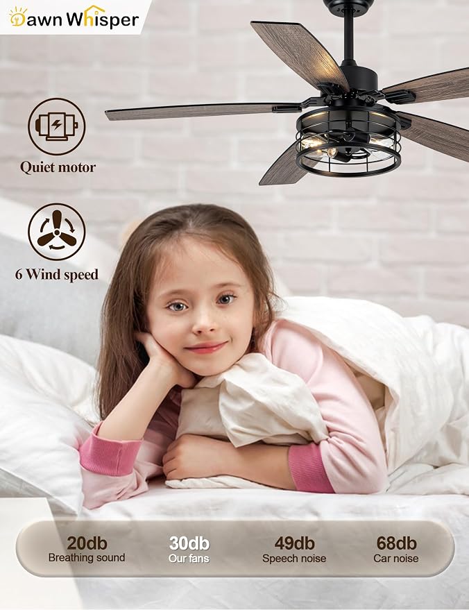 Dawn Whisper 52 Inch Farmhouse Ceiling Fans with Lights and Remote Quiet and Reversible DC Motor Black Industrial Rustic Caged Ceiling Fan for Bedroom Living Room Covered Patio