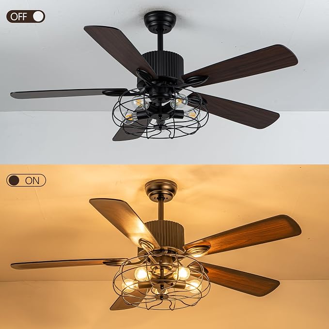 52" Industrial Farmhouse Ceiling Fan with Lights and Remote, Black Vintage Caged Fandelier Ceiling Fan with 5 Reversible Wooden Blades for Dining Room Living Room Bedroom