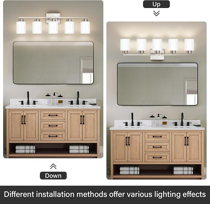 FonmYim Brushed Nickel Bathroom Light Fixtures, 5-Light Modern Vanity Light Over Mirror, Wall Sconces with Milky White Frosted Glass Shades, E26 Socket (Bulbs Not Included)