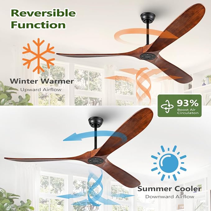 72 Inch Solid Wood Walnut Ceiling Fans No Lights Remote Control, Large Big Outdoor Real Wood Ceiling Fans Without Lights 3 Blades Craftmade Quiet for Patio Farmhouse Living Room Office