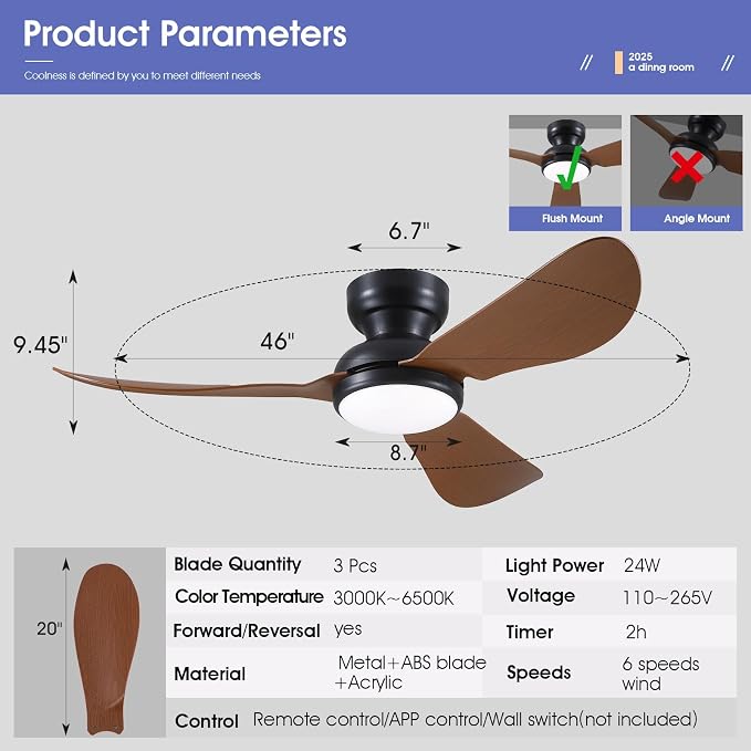 Kviflon 46 Inch Modern Ceiling Fans with Lights, Flush Mount Ceiling Fan, Remote/APP Control, 3 Reversible Curved Blades, 6 Speeds, 3 CCT Dimmable LED Lights for Living Room Bedroom, Brown