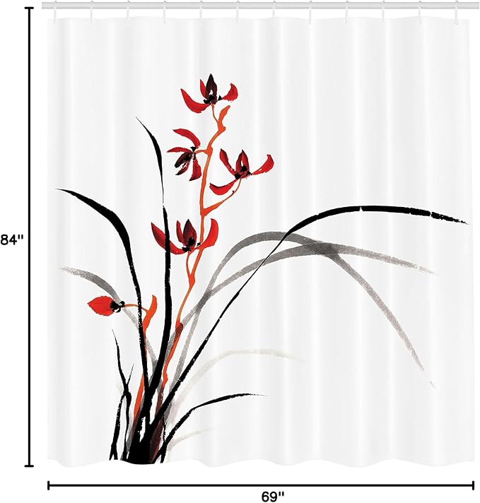 Ambesonne Japanese Shower Curtain, Classic Cultural Chinese Ink Paint of Native Wild Orchids Reflexive Birches, Cloth Fabric Bathroom Decor Set with Hooks, 69" W x 84" L, Orange Black