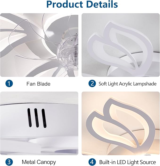 Dalouguan Ceiling Fan with Lights Remote Control, 26" White Modern Leaf 6 Speeds 3 Light Color Low Profile Flush Mount Ceiling Fan for Kitchen Bedroom