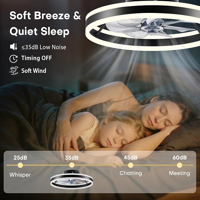 Ceiling Fans with Lights and Remote, 20" Low Profile Flush Mount Ceiling Fan, Pre-Assembled Design, Quiet DC Motor, 6 Wind Speeds, Dimmable 2700-6500K LED Light, Modern Ceiling Fan for Bedroom (Black)