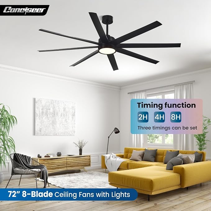 Modern Ceiling Fans with Lights, 72 Inch Ceiling Fan with Light and Remote, Bedroom Living Room Library Cafe Outdoor/Industrial,24W 6CCT Dimmable, 8 Blades 6 Speed Reversible Quiet DC Motor, Black