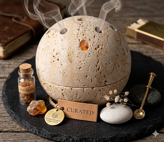 Handmade Travertine Stone Incense Resin Burner Holder – Natural Stone Incense Burner with Brass Insert for Home Decor & Relaxation