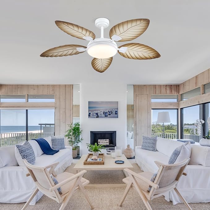 PHORUS 52" Tropical Outdoor Palm Leaf Ceiling Fans with Lights and Remote | Supports Remote and APP, 6 Wind Speeds, Reversible, Dimmable 3CCT LED, 50W Quiet DC Motor,Suits for Living Room Bedroom Patio