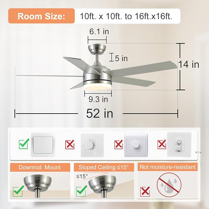 YUHAO 52 Inch Brushed Nickel Ceiling Fan with Light and Remote Control.Noiseless,Dimmable,3CCT,6 Speeds Reversible, DC Ceiling Fans for Indoor or Covered Outdoor Use.ETL Listed