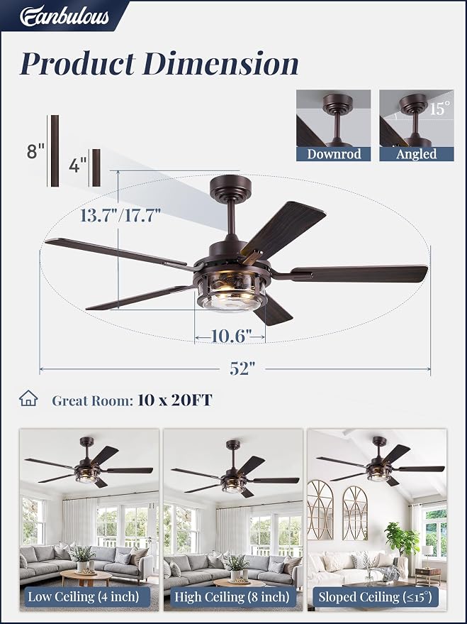 Fanbulous 52 Inch Ceiling Fan with Light and Remote,Downrod Mount Farmhouse Ceiling Fan for Bedroom, Quiet 6-Speed Reversible DC Motor, Rustic Brown & Wood Finish Blades