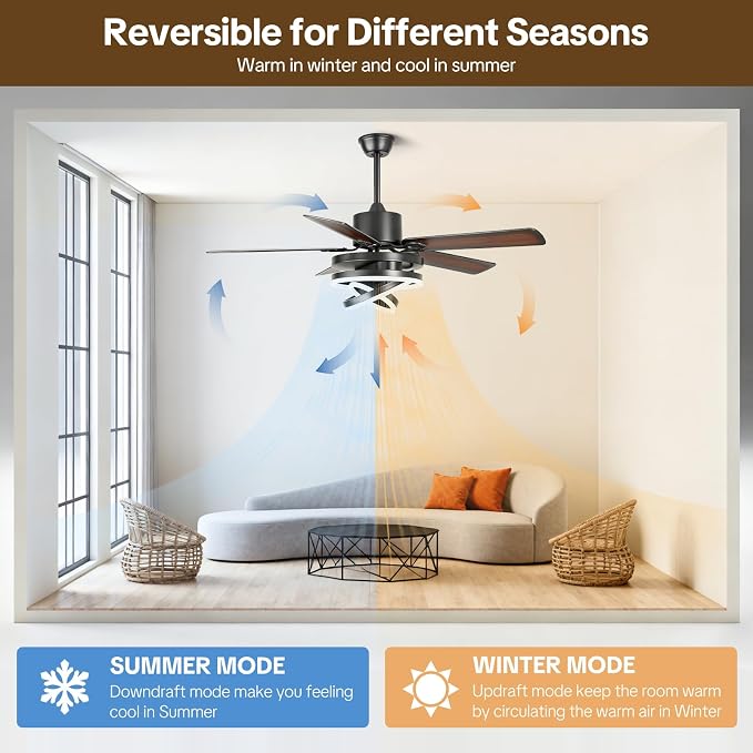 52 Inch Chandelier Ceiling Fans with Lights, Modern Ceiling Fan with Remote Control for Living Room Kitchen, Dimmable, 6 Speed Reversible DC Motor, Dual Finish, Black