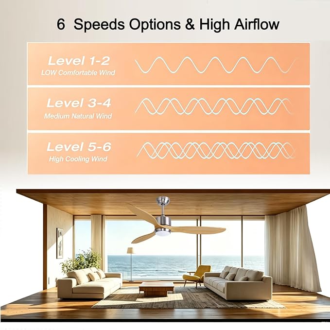 Ovlaim 60 Inch Wood Ceiling Fan with Light, Quiet DC Motor, Smart 6-Speed | 35dB Quiet, Light Wood Blades, 3-Color Dimmable, Memory Function, Reversible Motor, Living Room Patio