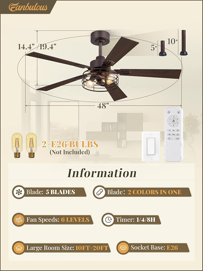 Fanbulous 1 Pack Farmhouse 48 Inch Ceiling Fans with Lights, Industrial Caged Ceiling Fans for Bedroom Living Room, Double-Sided 5 Blades Rustic Ceiling Fan-Oil Bronze