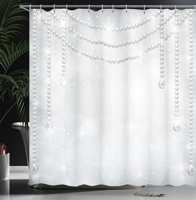 Ambesonne Pearls Shower Curtain, Diamonds Stones and Pearls Hanging Necklace Bridal Wedding Theme Image, Cloth Fabric Bathroom Decor Set with Hooks, 69" W x 84" L, Ivory Grey