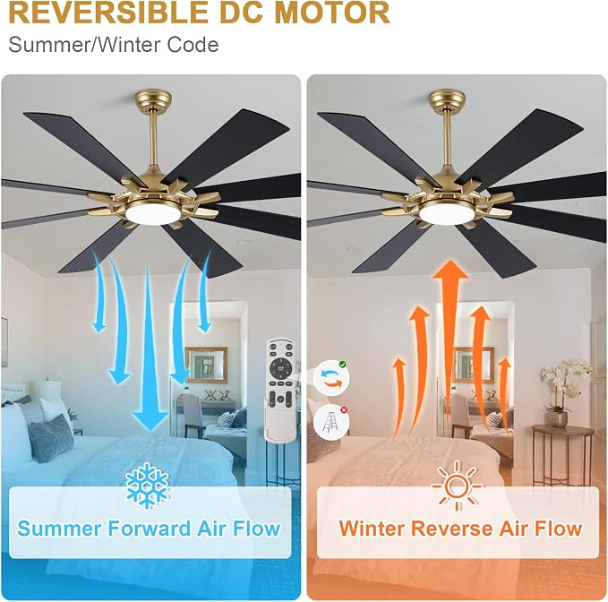 Bella Depot 72" Black and Gold Ceiling Fan with Light & Remote | Large Ceiling Fan Dimmable LED Light, 3CCT, 6-Speed Quiet DC Motor Indoor Chandelier Fan for Bedroom Living Room Patio