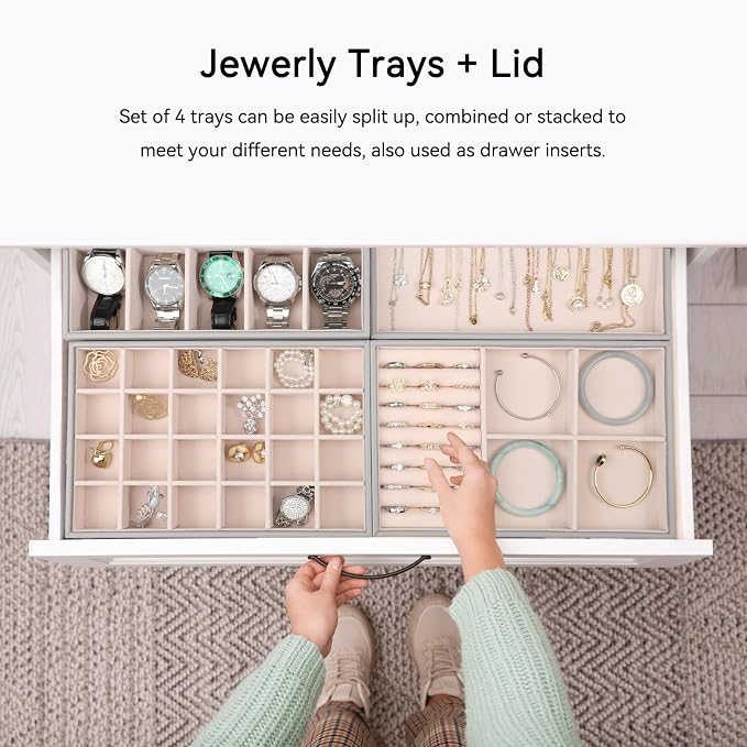 Voova Stackable Jewelry Organizer Tray with Lid, PU Leather Jewelry Storage Holder for Drawer Inserts, Jewellery Display Box Case for Earring Necklace Ring Watch Bracelet (Set of 4, Grey)