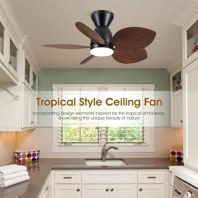 Kviflon Tropical Ceiling Fans with Lights and Remote Control, 30 Inch Low Profile Flush Mount Ceiling Fans, Palm Leaf Ceiling Fan with Light for Small Room Indoor Outdoor, Brown