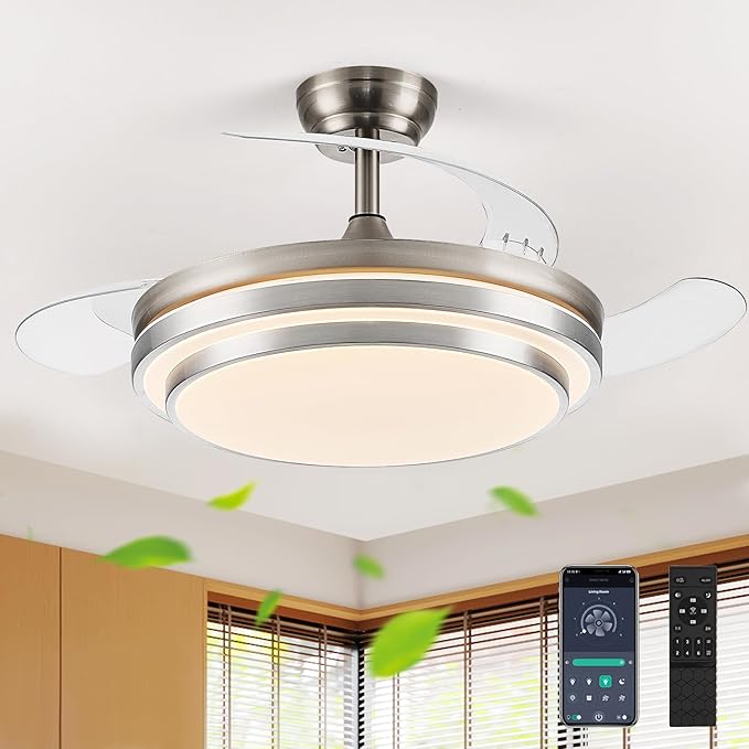 FIDGRA 42 Inch Fandelier Ceiling Fan with Light, Retractable Ceiling Fan with Lights for Bedroom Living Room Dinning Room, Chandelier with Fan 6 Speed, 3 Color Temperature-Brushed Nickel