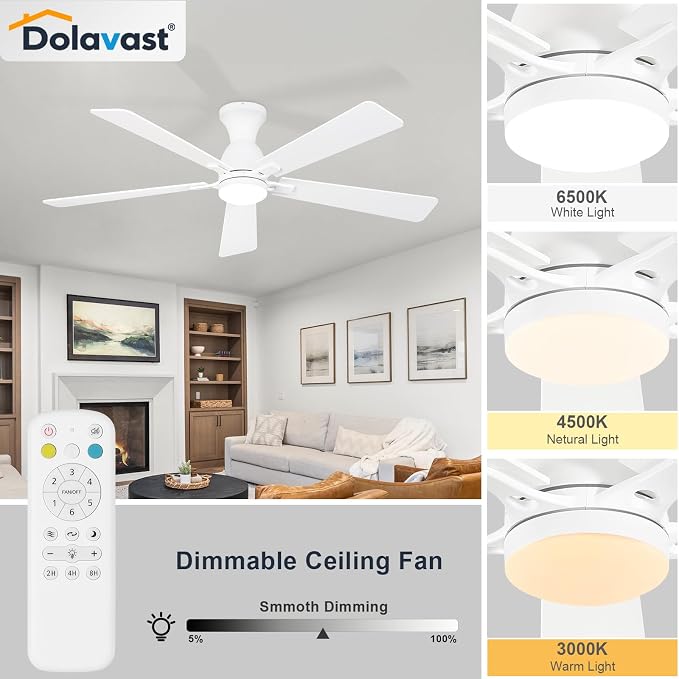 Ceiling Fans with Lights, 60 Inch Low Profile Ceiling Fan with Light and Remote Control, Flush Mount, Reversible, 3CCT, Dimmable LED, Quiet, White Ceiling Fan for Bedroom, Living Room