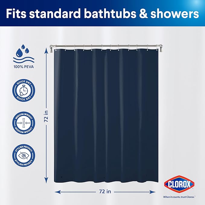 Clorox Shower Curtain Liner, Premium Colored Medium-Weight Durable Waterproof 6g PEVA for Bathroom with Weighted Magnets, Standard Size 72" x 72", Blue