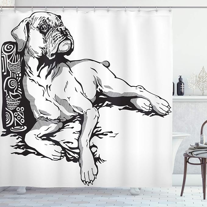 Ambesonne Boxer Dog Shower Curtain, Monochrome Illustration of an Animal Detailed Canine Hand Drawn, Cloth Fabric Bathroom Decor Set with Hooks, 69" W x 70" L, Charcoal Grey and White