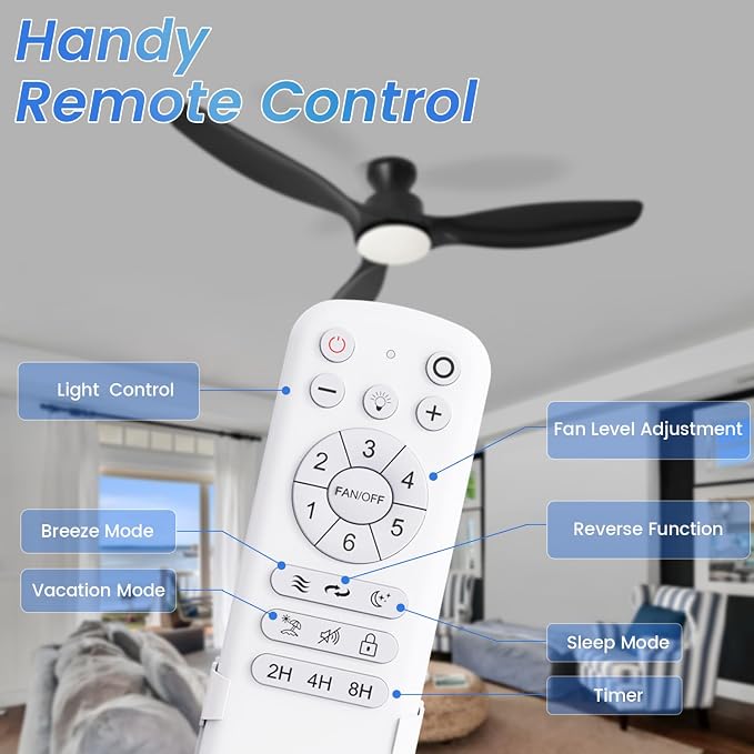 52" Ceiling Fan with Light and Remote, Flush Mount Ceiling Fan with 3 Blades, Low Profile Fan, 6 Speed, Queit DC Motor, Black Fan for Bedroom/Indoor/Outdoor/Living Room