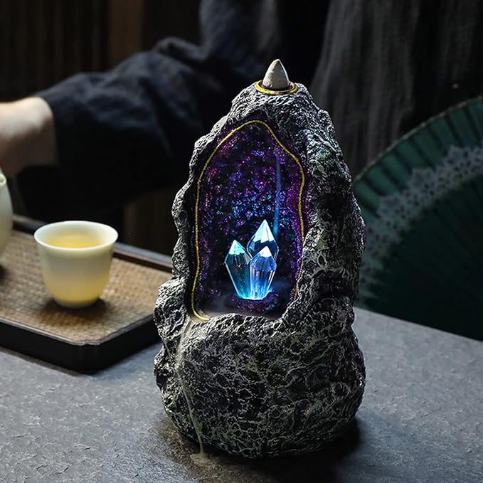 LED Backflow Incense Burner Waterfall Incense Holder Resin Aroma Ornaments Indoor Night Light for Home Office
