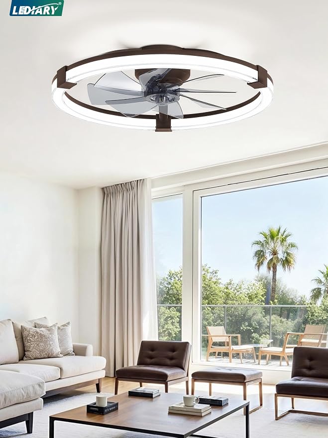 LEDIARY Ceiling Fans with Lights, 23 Inch Low Profile Ceiling Fan with Remote, 6 Speeds, Reversible, Dimmable Flush Mount Fan Light, Modern Fandelier Ceiling Fan with Lights for Bedroom, Brown