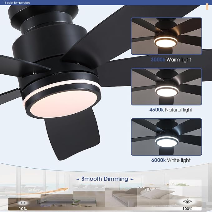 Wiviniya 46 Inch Black Flush Mount Ceiling Fan with Light, 5 Blades Reversible Fan, 6-Speed & 2-Hour Timer, Remote Control, 3 CCT Dimmable for Living Room Bedroom